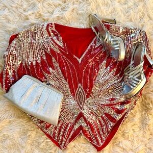 Vintage 70’s 80s Butterfly Blouse, Sequined, Beaded, Red, Silver, White M-L